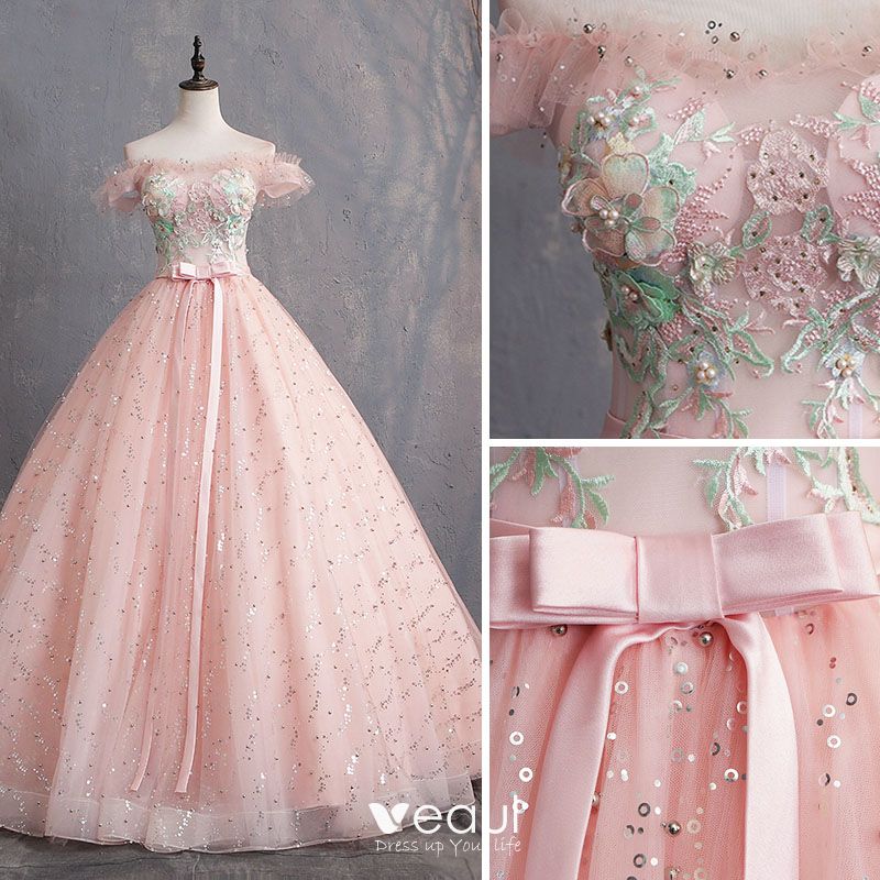 Elegant Pearl Pink Prom Dresses 2019 Ball Gown Off-The-Shoulder ...