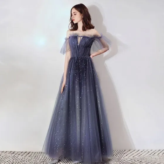Bling Bling Navy Blue See-through Evening Dresses 2019 A-Line ...