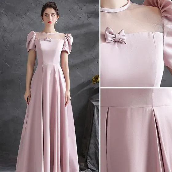 Elegant Blushing Pink Satin Prom Dresses 2021 A-Line / Princess Scoop ...