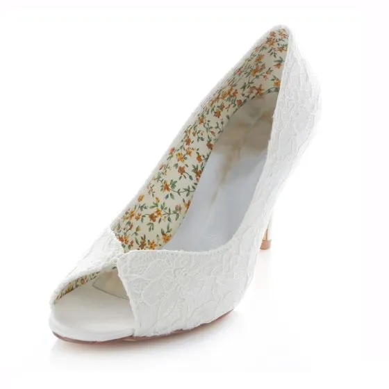White Lace Bridal Shoes 3 Inch High 