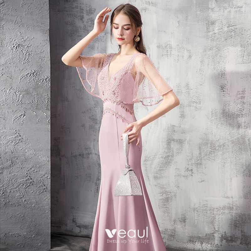 Elegant Candy Pink Evening Dresses 2019 Trumpet / Mermaid Deep V-Neck ...