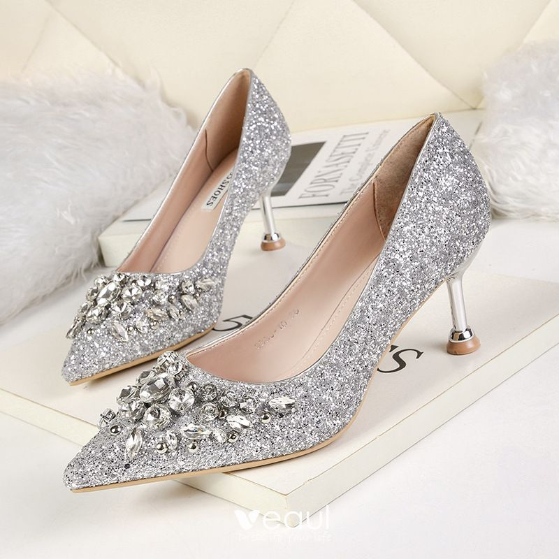 Sparkly Silver Wedding Shoes 2019 Rhinestone Sequins 6 cm Stiletto