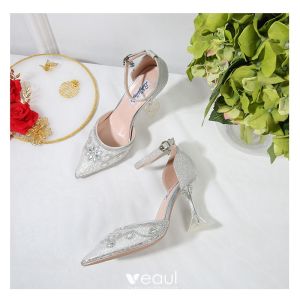 Sparkly Bling Bling Silver Womens Shoes 2019 Leather Beading Flower Glitter  Sequins Evening Party High Heels