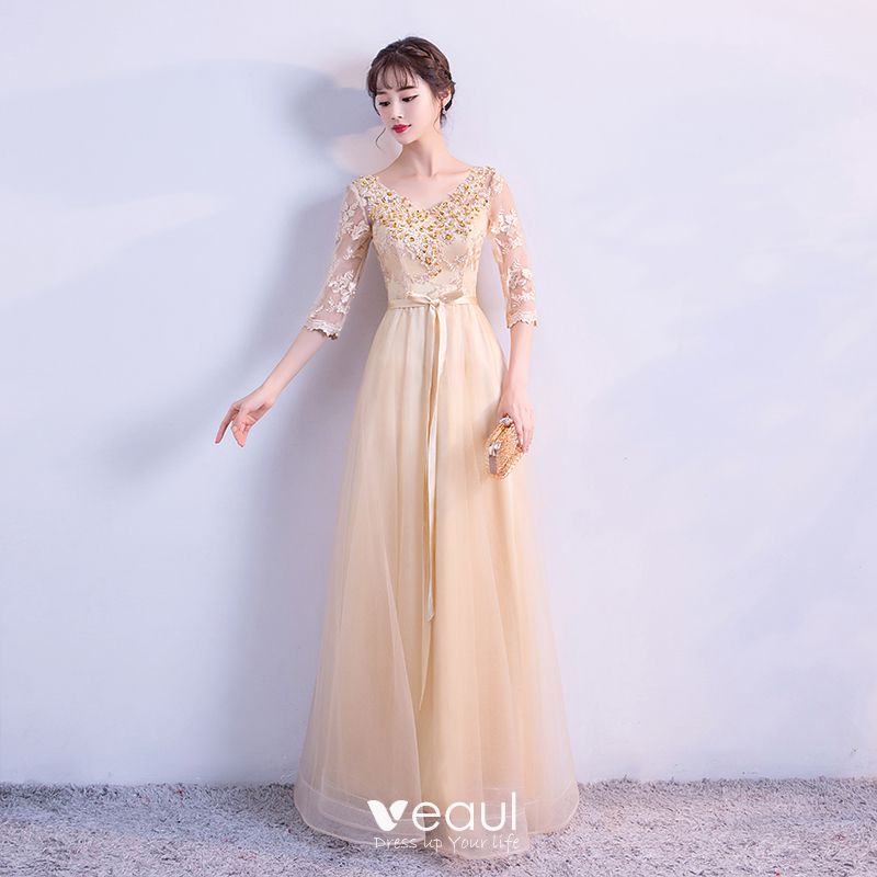Elegant Gold Evening Dresses 2018 Empire V-Neck 3/4 Sleeve Appliques ...