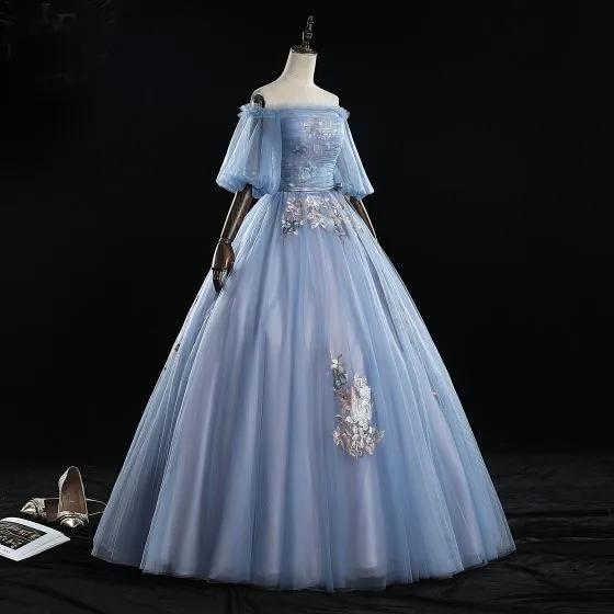 Chic / Beautiful Sky Blue Prom Dresses 2019 Ball Gown Off-The-Shoulder ...