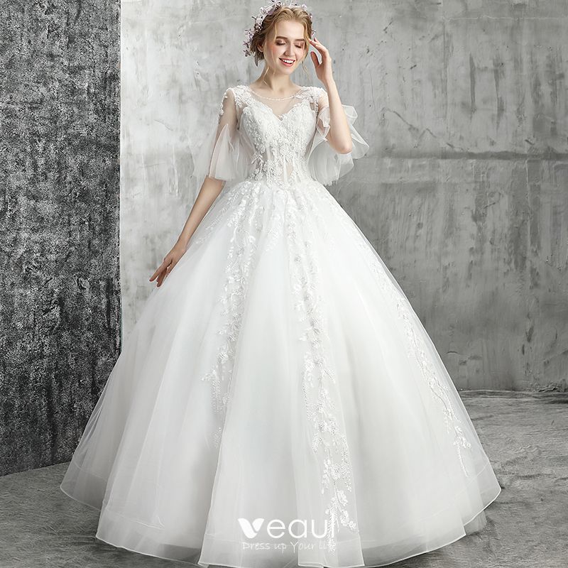 Elegant White Wedding Dresses 2019 Ball Gown Scoop Neck Beading Crystal ...