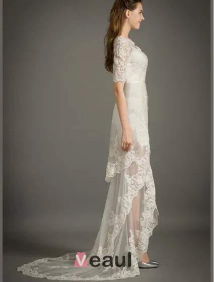 Aline Vneck 1/2 Sleeves Lace Summer Wedding Dress With Sash