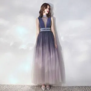 Classy Gradient-Color Evening Dresses 2019 A-Line / Princess Ruffle Sleeveless Rhinestone High Neck Floor-Length / Long Formal Dresses