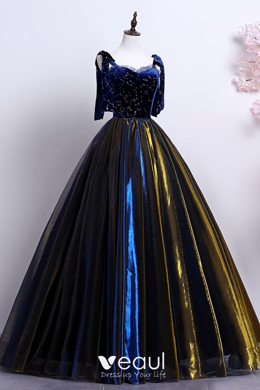 royal blue with gold prom dress