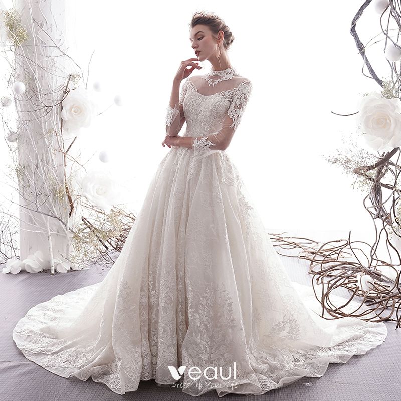 Elegant Ivory Wedding Dresses A-Line / Princess 2019 High Neck Beading ...