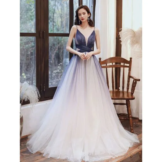 Charming Navy Blue Gradient-Color Prom Dresses 2020 A-Line / Princess ...