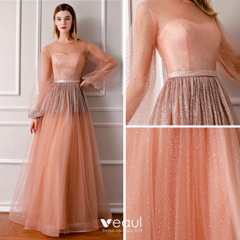 Bling Bling Orange See-through Evening Dresses 2019 A-Line / Princess ...