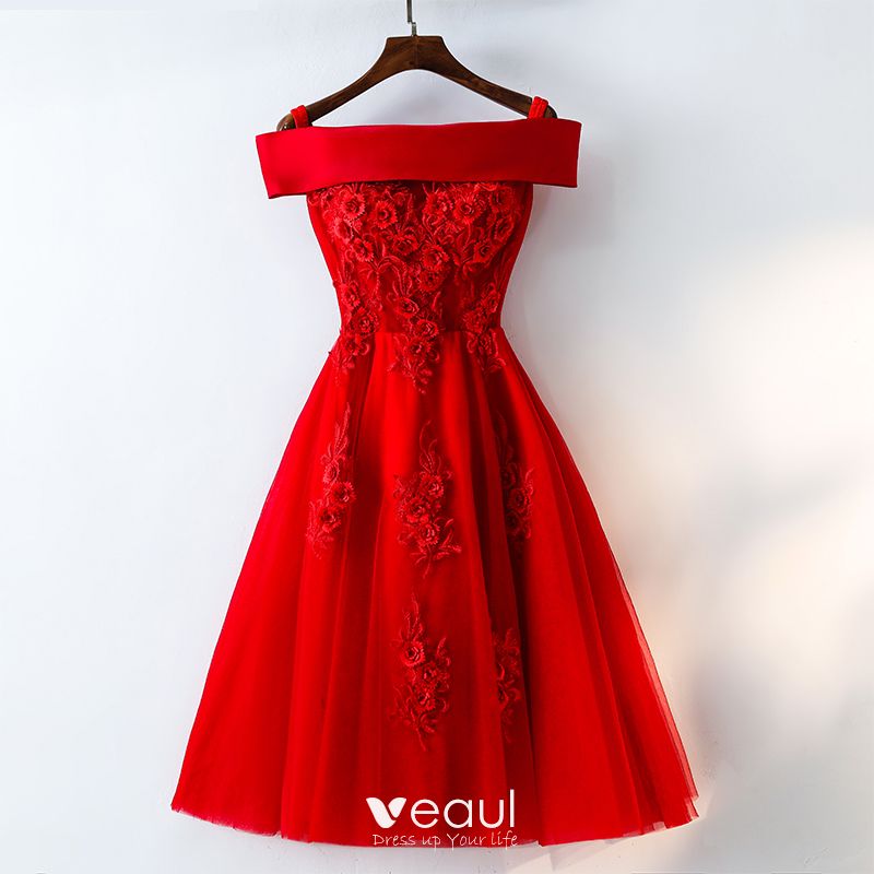 Brun Måned stilhed Chic / Beautiful Red Homecoming Graduation Dresses 2017 A-Line / Princess  Lace Flower Artificial Flowers Off-The-