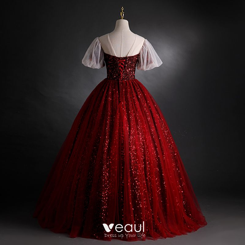 Sparkly Burgundy Sequins Prom Dresses 2021 Ball Gown V-Neck Beading ...