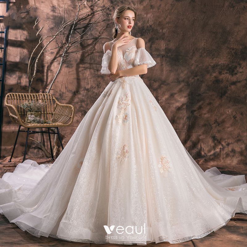 Romantic Champagne See Through Wedding Dresses 2019 A Line