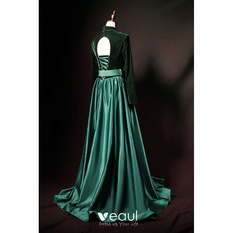 Vintage / Retro Dark Green Suede Satin Evening Dresses 2019 A-Line ...