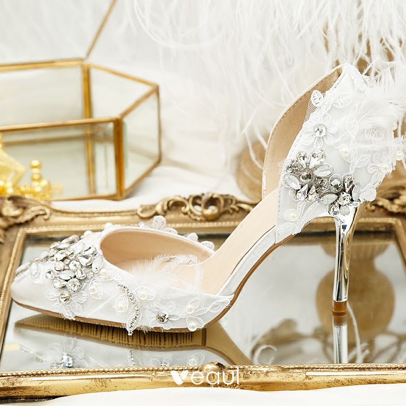 Ivory Satin Pointed Toe with Crystal Bridal Shoes Elegant Pumps Shoes Stilettos Luxury 3 inch High Heel