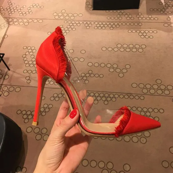 Chic / Beautiful Red Prom Leather Pumps 2020 Tassel 10 cm Stiletto Heels  Pointed Toe Pumps