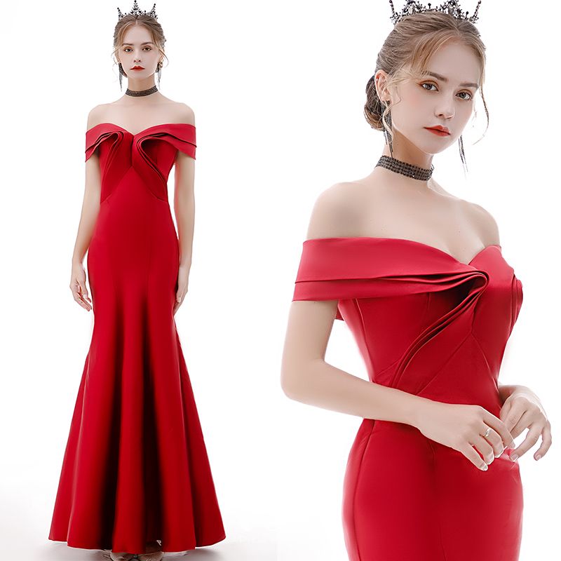 Elegant Red Evening Dresses 2022 Trumpet / Mermaid Bow Off-The-Shoulder  Short Sleeve Backless Floor-Length /