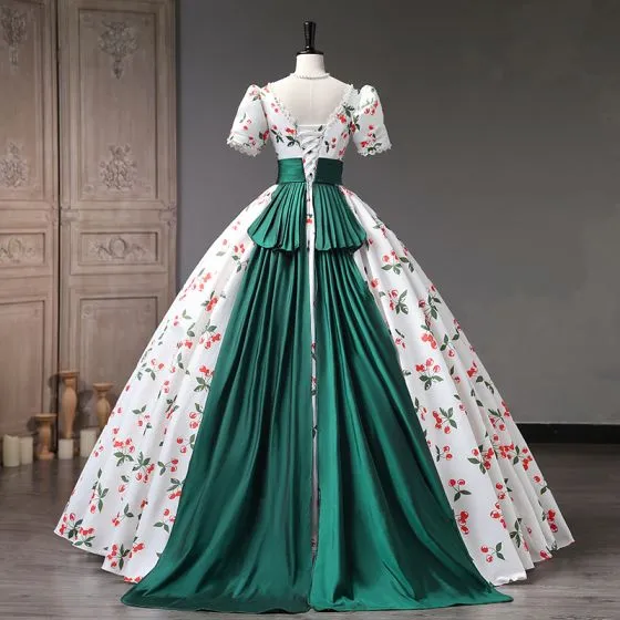 Elegant White Cherry Printing Prom Dresses 2023 Ball Gown Pearl Square ...