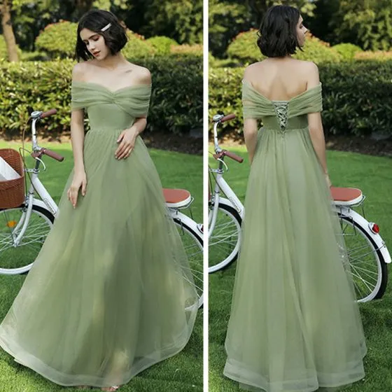 Modest / Simple Sage Green Bridesmaid Dresses 2021 A-Line / Princess ...