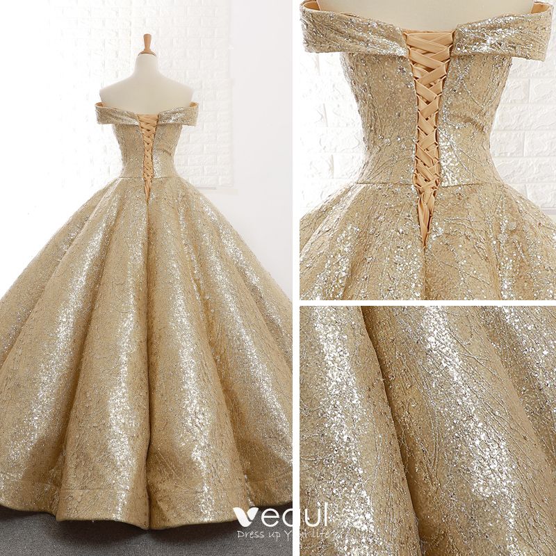 Sparkly Gold Dancing Prom Dresses 2020 Ball Gown Off-The-Shoulder Short
