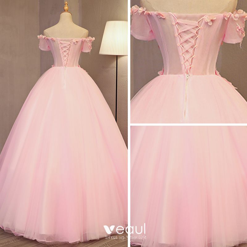 Lovely Pearl Pink Prom Dresses 2017 Ball Gown Off-The-Shoulder Short ...