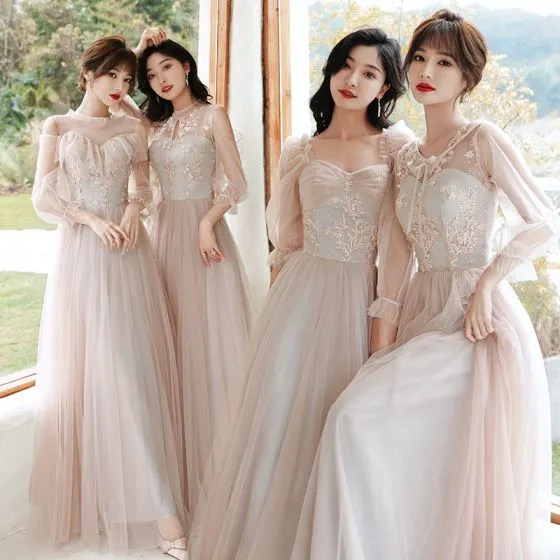 Fashion Blushing Pink Bridesmaid Dresses 2021 A-Line / Princess Scoop ...