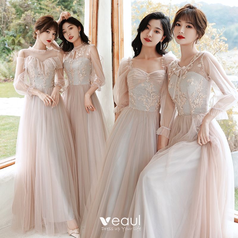 Fashion Blushing Pink Bridesmaid Dresses 2021 A-Line / Princess Scoop ...