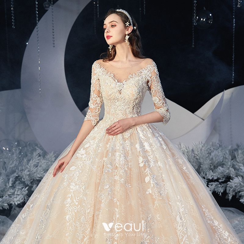 Romantic Champagne Bridal Wedding Dresses 2020 Ball Gown See-through ...