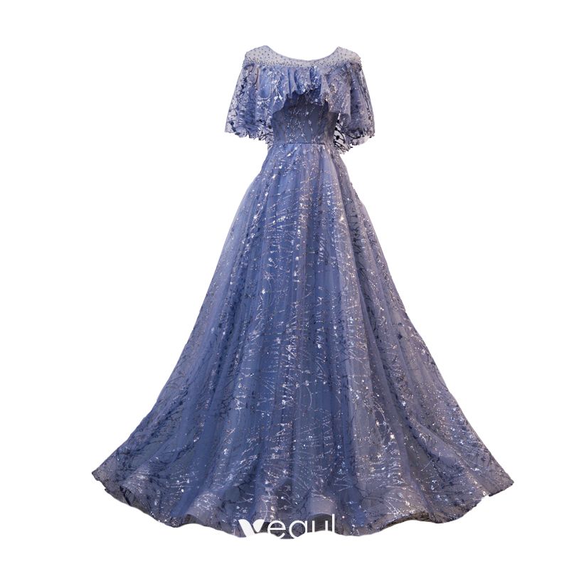Elegant Ocean Blue See-through Evening Dresses 2020 A-Line Princess Scoop  Neck Glitter