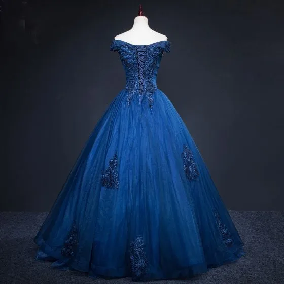 Vintage / Retro Navy Blue Prom Dresses 2019 A-Line / Princess Off-The ...