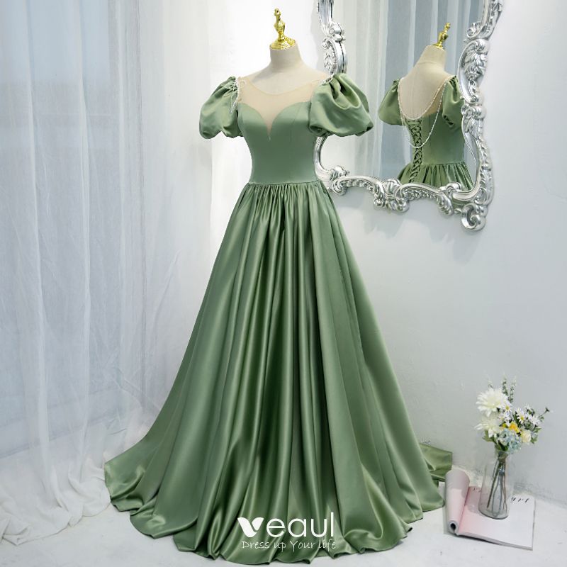 Elegant Sage Green Satin Prom Dresses ...