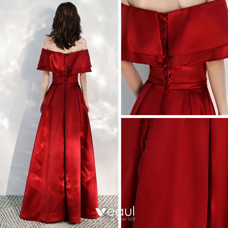 Affordable Red Satin Prom Dresses 2020 A-Line / Princess Off-The ...
