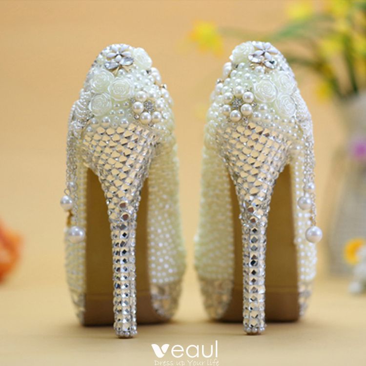 Charming White Wedding Shoes 2019 Pearl Rhinestone 14 cm Stiletto Heels ...