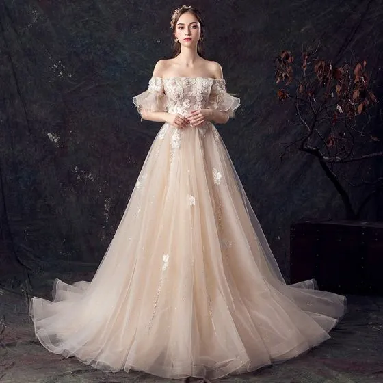 off the shoulder bell sleeve wedding dress