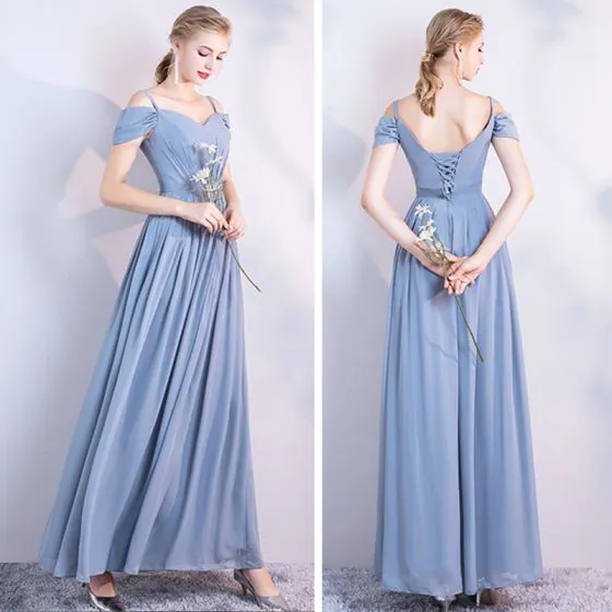 Modest / Simple Sky Blue Chiffon Bridesmaid Dresses 2021 A-Line ...