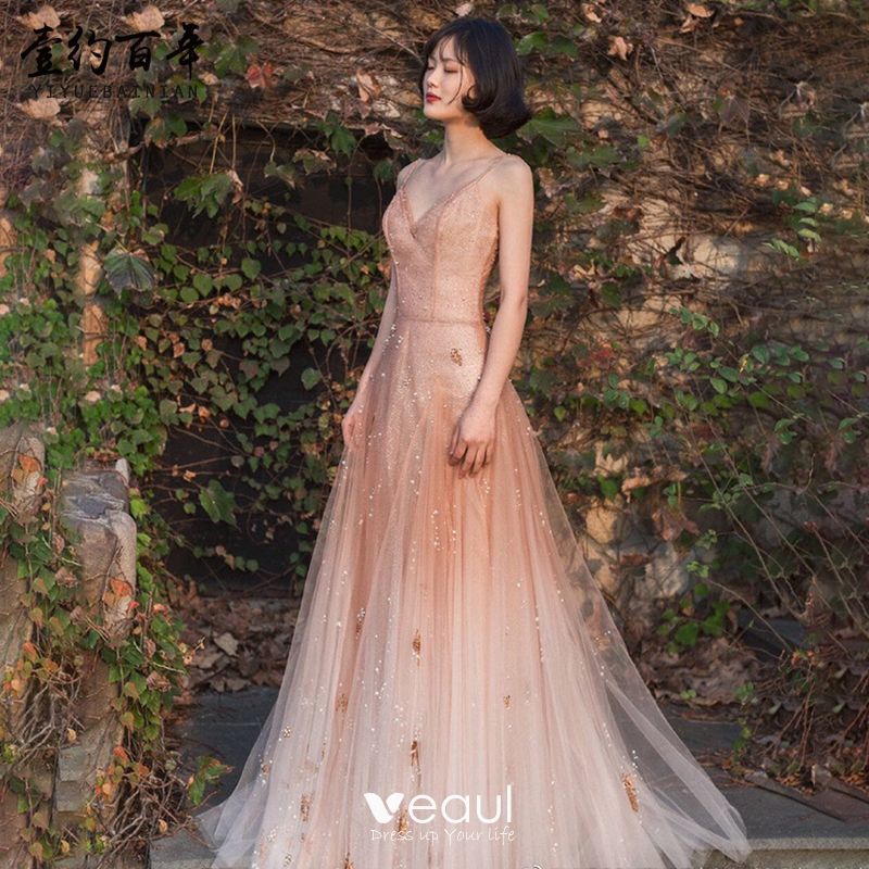Fabulous Champagne Gradient Color Evening Dresses 2019 A Line Princess Spaghetti Straps Deep V Neck Sleeveless