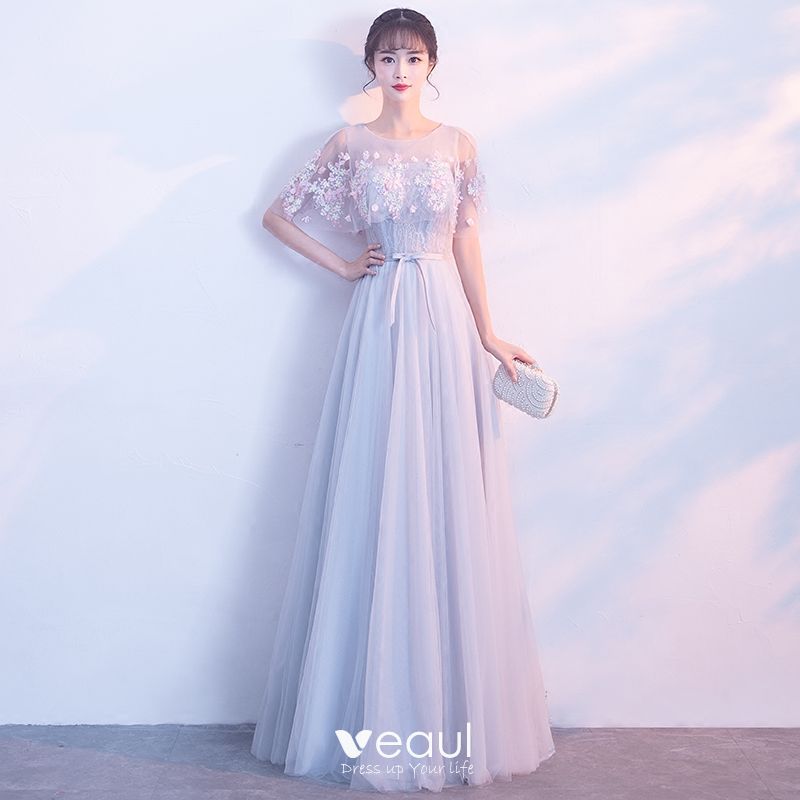Elegant Grey See-through Evening Dresses With Shawl 2018 A-Line ...