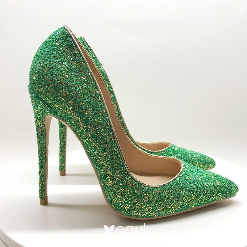 hospital tornado Recover Sparkly Green Evening Party Pumps 2020 Sequins 12 cm Stiletto Heels Pointed  Toe Pumps