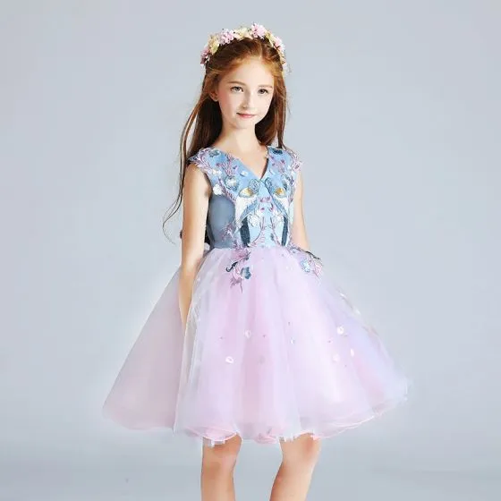 Chic Beautiful Candy Pink Sky Blue Flower Girl Dresses 2017 Ball Gown V Neck Sleeveless 3885