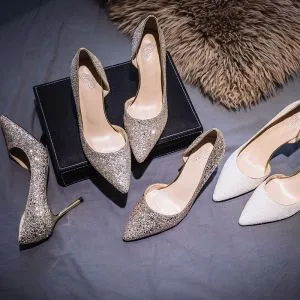 Sparkly Silver Wedding Shoes 2019 Sequins 7 cm Stiletto Heels Pointed Toe Wedding High Heels