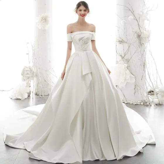 High-end Ivory Satin Wedding Dresses 2020 A-Line / Princess Off-The ...