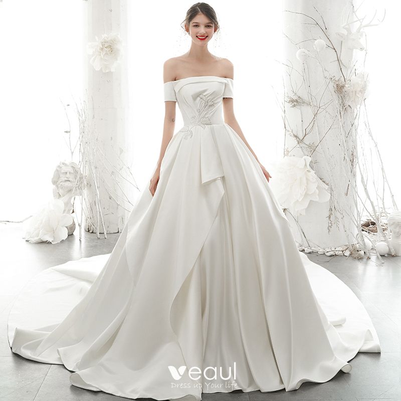 High-end Ivory Satin Wedding Dresses 2020 A-Line / Princess Off-The ...