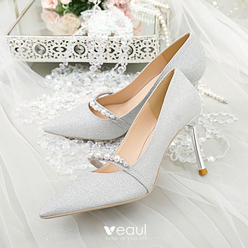 Sparkly Silver Glitter Wedding Shoes 2020 Leather Rhinestone Sequins Bow 8  cm Stiletto Heels Pointed Toe Wedding Pumps