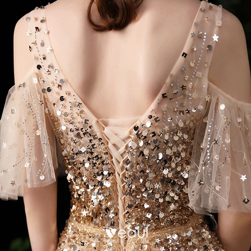 High-end Gold Evening Dresses 2020 A-Line / Princess V-Neck Short ...