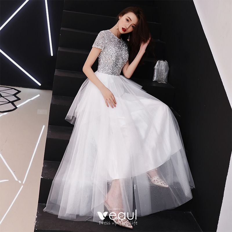 Sparkly White Evening Dresses 2018 A-Line / Princess Sequins Scoop Neck ...