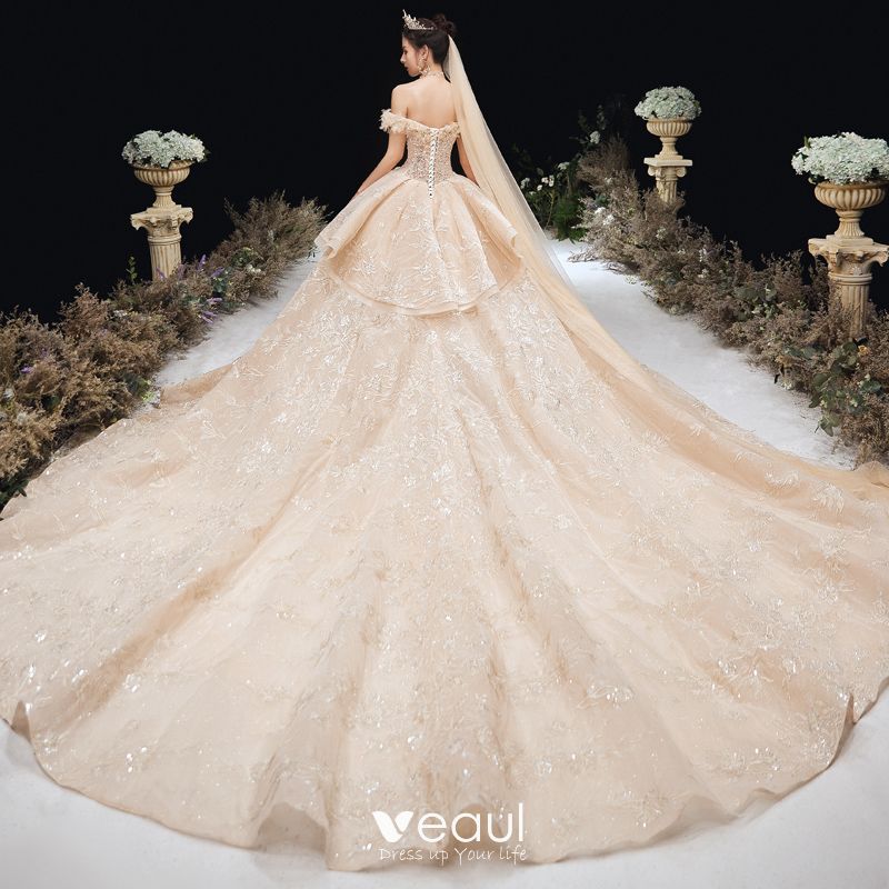 Luxury Gorgeous Champagne Wedding Dresses 2020 Ball Gown Off The
