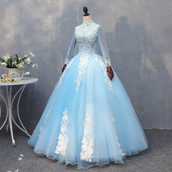 Chic / Beautiful Pool Blue Quinceañera Prom Dresses 2018 Ball Gown Lace ...