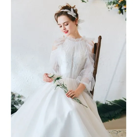 Elegant Ivory Wedding Dresses 2020 A-Line / Princess Ruffle Scoop Neck ...